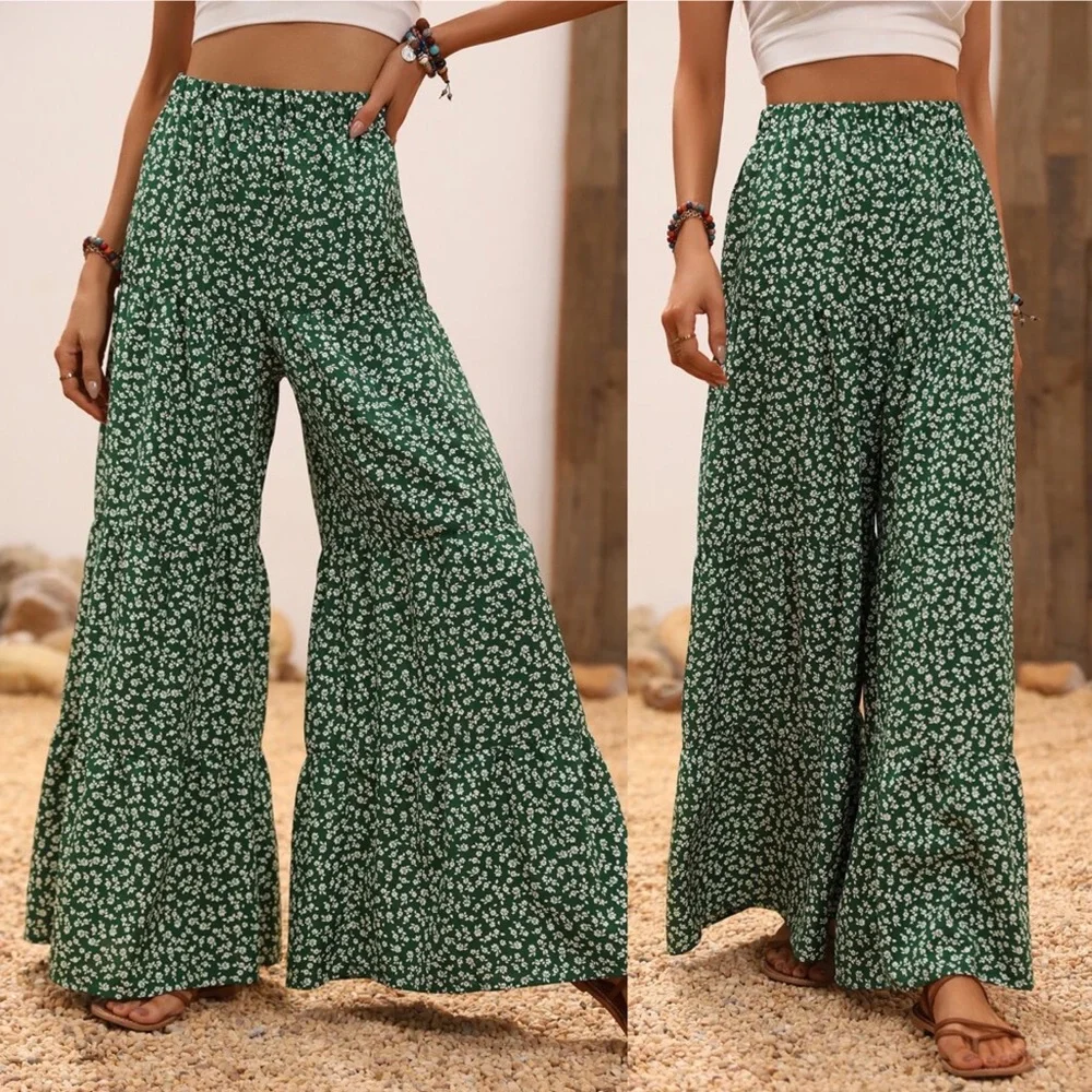 🍃 BOHO GREEN WHITE FLORAL HIGH WAIST WIDE LEG PANTS! - Picture 4 of 6